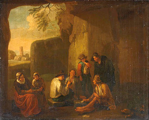 peasants playing cards in a grotto ancient ruins beyond